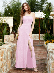 Robe Longue en Dentelle à Encolure Carrée avec Fente Rose Pâle