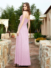 Robe Longue en Dentelle à Encolure Carrée avec Fente Rose Pâle