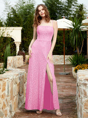 Robe Longue en Dentelle à Encolure Carrée avec Fente Rose Bonbon