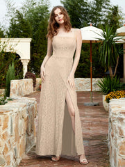Robe Longue en Dentelle à Encolure Carrée avec Fente Champagne