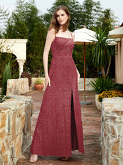 Robe Longue en Dentelle à Encolure Carrée avec Fente Cannelle Rose Grande Taille