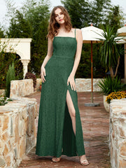 Robe Longue en Dentelle à Encolure Carrée avec Fente Vert Foncé