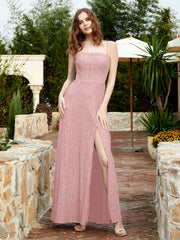 Robe Longue en Dentelle à Encolure Carrée avec Fente Rose Poudré