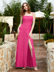 Robe Longue en Dentelle à Encolure Carrée avec Fente Fuchsia