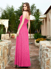 Robe Longue en Dentelle à Encolure Carrée avec Fente Fuchsia