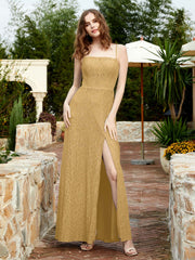 Robe Longue en Dentelle à Encolure Carrée avec Fente Or