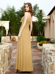 Robe Longue en Dentelle à Encolure Carrée avec Fente Or