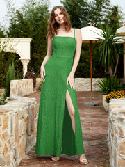Robe Longue en Dentelle à Encolure Carrée avec Fente Vert