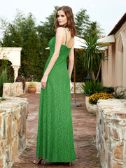 Robe Longue en Dentelle à Encolure Carrée avec Fente Vert