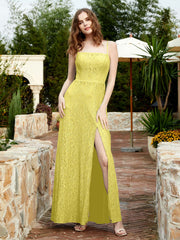 Robe Longue en Dentelle à Encolure Carrée avec Fente Citron Grande Taille