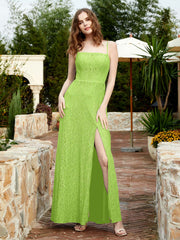 Robe Longue en Dentelle à Encolure Carrée avec Fente Vert Citron Grande Taille