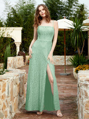 Robe Longue en Dentelle à Encolure Carrée avec Fente Vert Menthe
