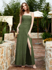 Robe Longue en Dentelle à Encolure Carrée avec Fente Olive Verte