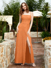 Robe Longue en Dentelle à Encolure Carrée avec Fente Orange