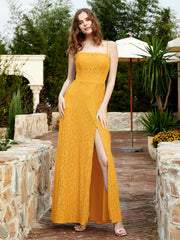 Robe Longue en Dentelle à Encolure Carrée avec Fente Mandarine Grande Taille
