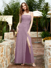 Robe Longue en Dentelle à Encolure Carrée avec Fente Vintage Mauve