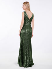 Devant Court Dos Longue Paillettes Robe Olive Verte