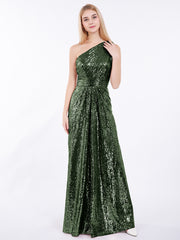 One Épaule Longue Paillettes Robe Olive Verte