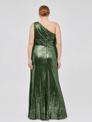 One Épaule Longue Paillettes Robe Olive Verte Grande Taille