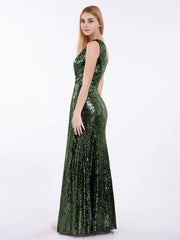 One Épaule Longue Paillettes Robe Olive Verte
