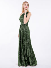 One Épaule Longue Paillettes Robe Olive Verte