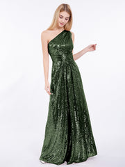 One Épaule Longue Paillettes Robe Olive Verte