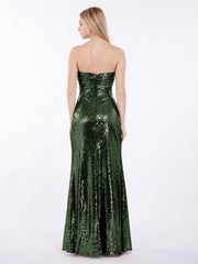 Sans Bretelle Longueur Pleine Paillettes Robe Olive Verte Grande Taille