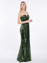 Sans Bretelle Longueur Pleine Paillettes Robe Olive Verte Grande Taille