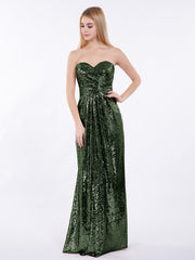 Sans Bretelle Longueur Pleine Paillettes Robe Olive Verte Grande Taille