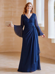Robe en Mousseline de A-ligne à Col en V avec Manches Longues Longueur au Sol Bleu Marine