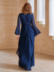 Robe en Mousseline de A-ligne à Col en V avec Manches Longues Longueur au Sol Bleu Marine
