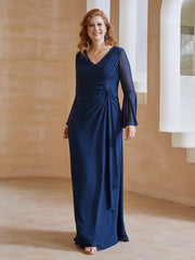 Robe en Mousseline de A-ligne à Col en V avec Manches Longues Longueur au Sol Bleu Marine