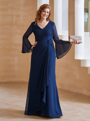 Robe en Mousseline de A-ligne à Col en V avec Manches Longues Longueur au Sol Bleu Marine