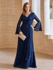 Robe en Mousseline de A-ligne à Col en V avec Manches Longues Longueur au Sol Bleu Marine Grande Taille