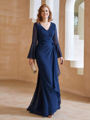 Robe en Mousseline de A-ligne à Col en V avec Manches Longues Longueur au Sol Bleu Marine