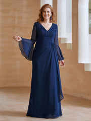 Robe en Mousseline de A-ligne à Col en V avec Manches Longues Longueur au Sol Bleu Marine