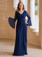 Robe en Mousseline de A-ligne à Col en V avec Manches Longues Longueur au Sol Bleu Marine Grande Taille