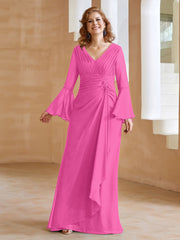 Robe en Mousseline de A-ligne à Col en V avec Manches Longues Longueur au Sol Azalée Grande Taille