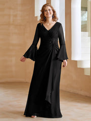 Robe en Mousseline de A-ligne à Col en V avec Manches Longues Longueur au Sol Noir Grande Taille