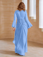 Robe en Mousseline de A-ligne à Col en V avec Manches Longues Longueur au Sol Bleu Grande Taille