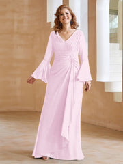 Robe en Mousseline de A-ligne à Col en V avec Manches Longues Longueur au Sol Rose Pâle Grande Taille