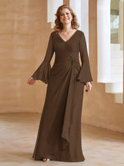 Robe en Mousseline de A-ligne à Col en V avec Manches Longues Longueur au Sol Brun Grande Taille