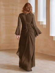 Robe en Mousseline de A-ligne à Col en V avec Manches Longues Longueur au Sol Brun Grande Taille