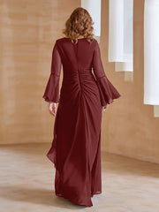 Robe en Mousseline de A-ligne à Col en V avec Manches Longues Longueur au Sol Bordeaux