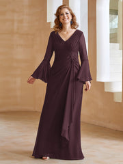 Robe en Mousseline de A-ligne à Col en V avec Manches Longues Longueur au Sol Cabernet Grande Taille