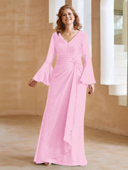 Robe en Mousseline de A-ligne à Col en V avec Manches Longues Longueur au Sol Rose Bonbon