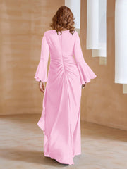 Robe en Mousseline de A-ligne à Col en V avec Manches Longues Longueur au Sol Rose Bonbon Grande Taille