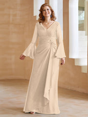 Robe en Mousseline de A-ligne à Col en V avec Manches Longues Longueur au Sol Champagne