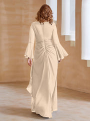Robe en Mousseline de A-ligne à Col en V avec Manches Longues Longueur au Sol Champagne