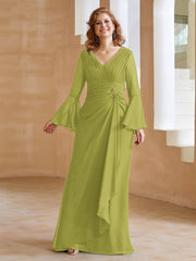 Robe en Mousseline de A-ligne à Col en V avec Manches Longues Longueur au Sol Trèfle Grande Taille